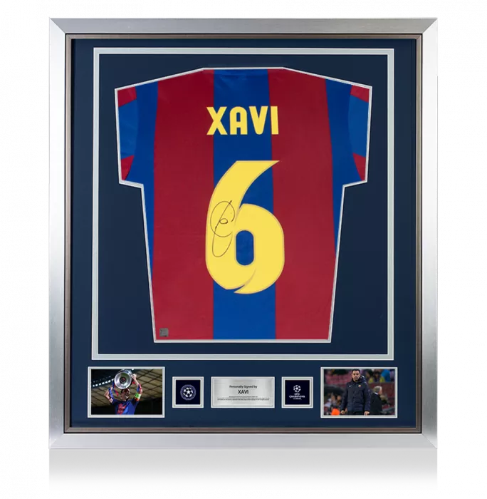 Xavi Official UEFA Champions League Back Signed and Framed Retro FC Barcelona Home Shirt With Fan Style Number