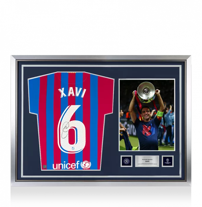 Xavi Official UEFA Champions League Back Signed and Hero Framed FC Barcelona 2021-22 Home Shirt