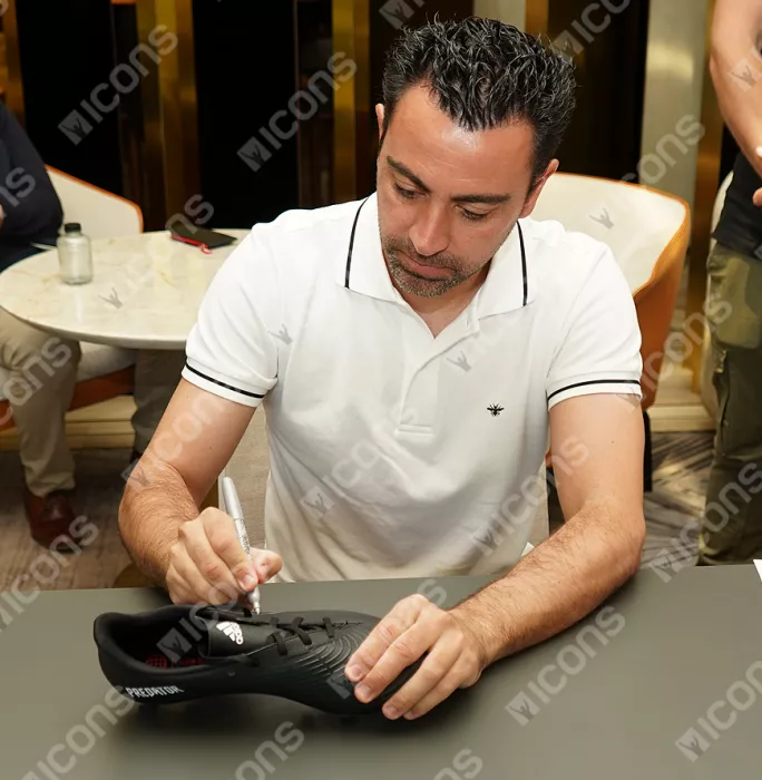 Xavi Official UEFA Europa League Signed Black & White Adidas Predator Boot In Acrylic Case