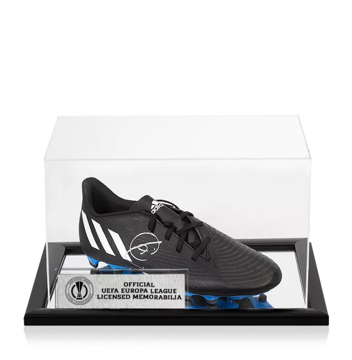Xavi Official UEFA Europa League Signed Black & White Adidas Predator Boot In Acrylic Case