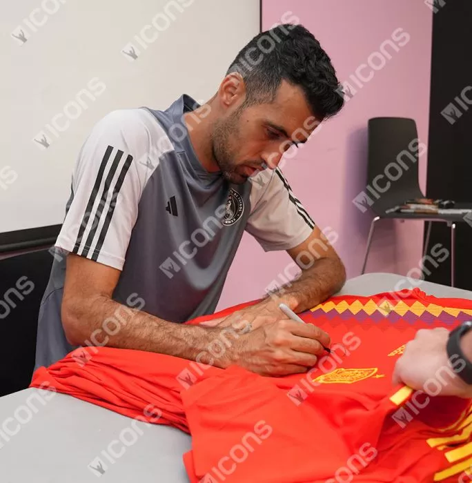 Xavi & Sergio Busquets Official FIFA World Cup™ Front Signed And Framed Spain 2018 Home Shirt