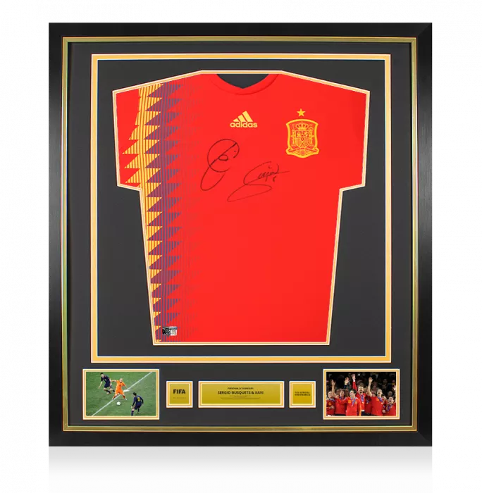 Xavi & Sergio Busquets Official FIFA World Cup™ Front Signed and Framed Spain 2018 Home Shirt