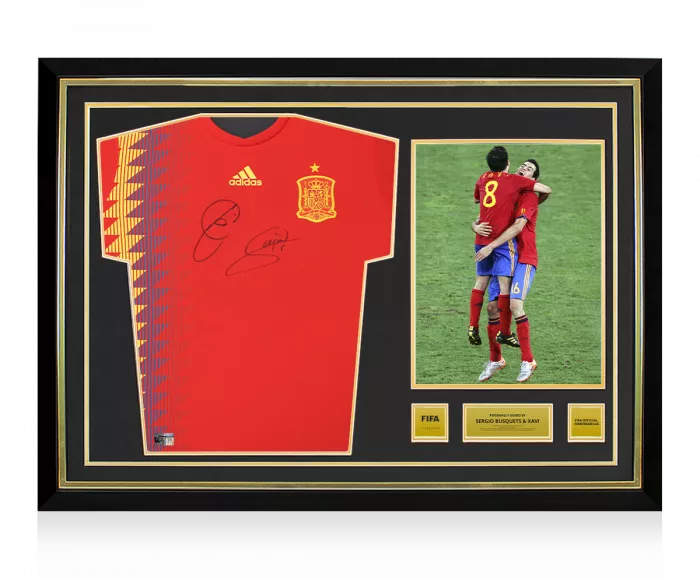 Xavi & Sergio Busquets Official FIFA World Cup™ Front Signed and Hero Framed Spain 2018 Home Shirt