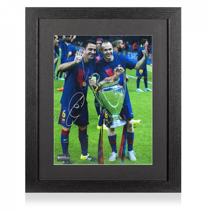 Xavi Signed FC Barcelona Photo In Black Wooden Frame: Four-Time UEFA Champions League Winner