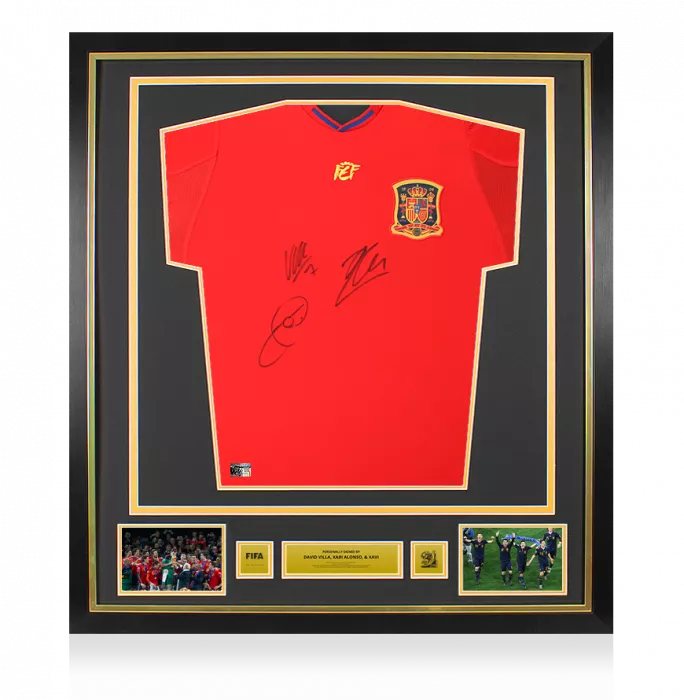Xavi Xabi Alonso & David Villa Official 2010 FIFA World Cup™ Triple Signed and Framed Spain 2010 Home Shirt