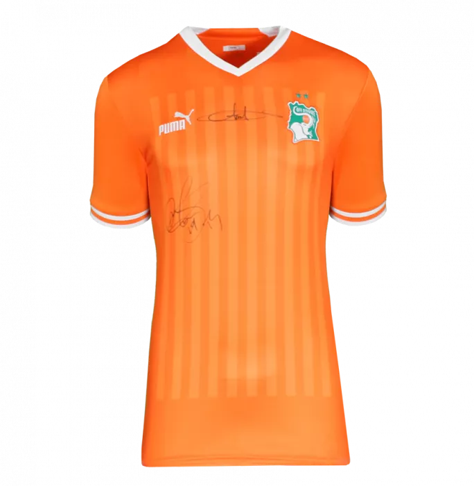 Yaya Toure & Didier Drogba Dual Signed Ivory Coast 2022-23 Home Shirt In Classic Frame