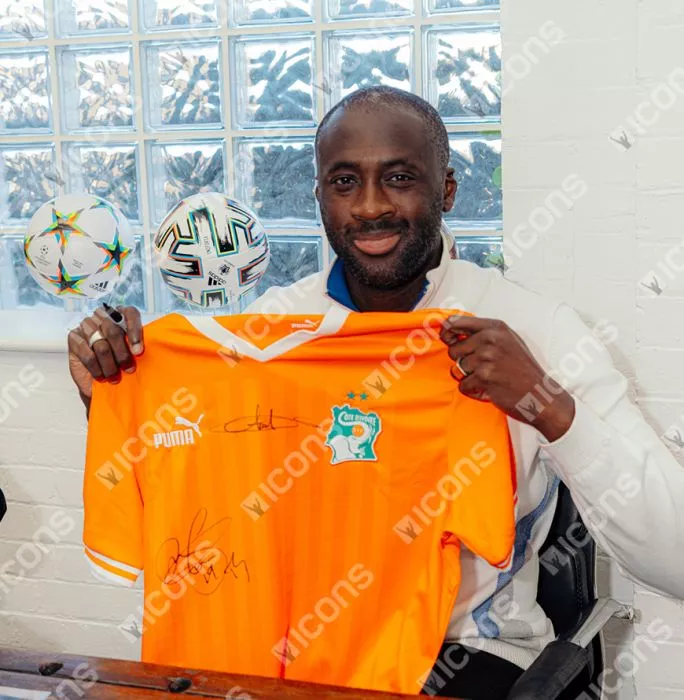 Yaya Toure & Didier Drogba Dual Signed Ivory Coast 2022-23 Home Shirt In Classic Frame