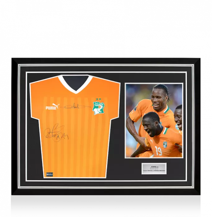 Yaya Toure & Didier Drogba Dual Signed Ivory Coast 2022-23 Home Shirt In Hero Frame: Option 1