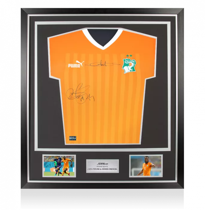 Yaya Toure & Didier Drogba Dual Signed Ivory Coast 2022-23 Home Shirt In Classic Frame