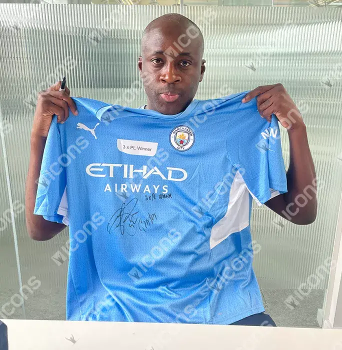 Yaya Toure Front Signed Manchester City 2021-22 Home Shirt - 3x PL Winner Inscription In Hero Frame: Option 1