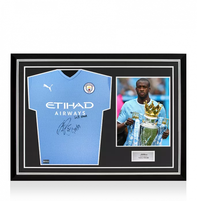 Yaya Toure Front Signed Manchester City 2021-22 Home Shirt - 3x PL Winner Inscription In Hero Frame: Option 1