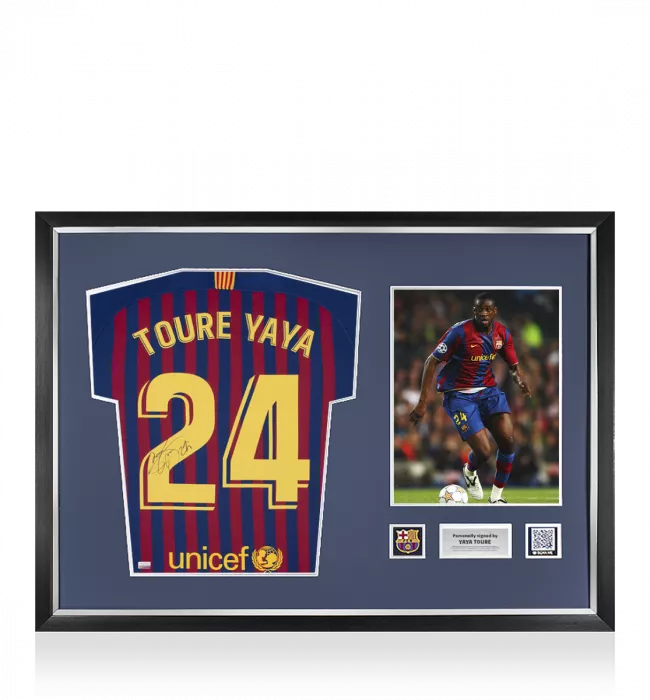 Yaya Toure Official FC Barcelona Back Signed and Framed 2018-19 Home Shirt With Fan Style Number