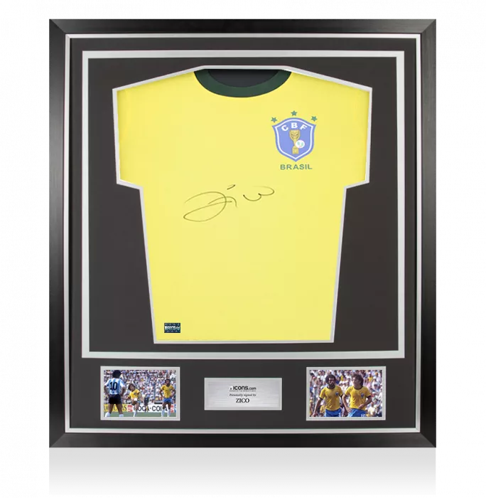 Zico Front Signed Brazil 1970 Retro Home Shirt In Classic Frame