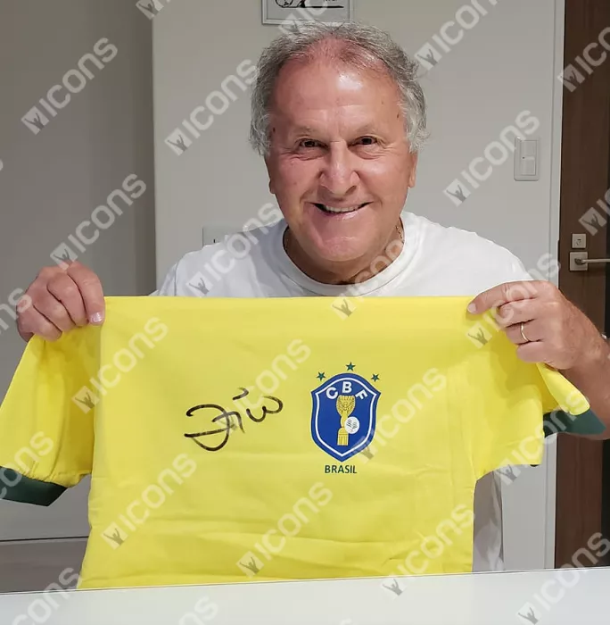 Zico Front Signed Brazil 1982 Home Shirt In Hero Frame: Option 1