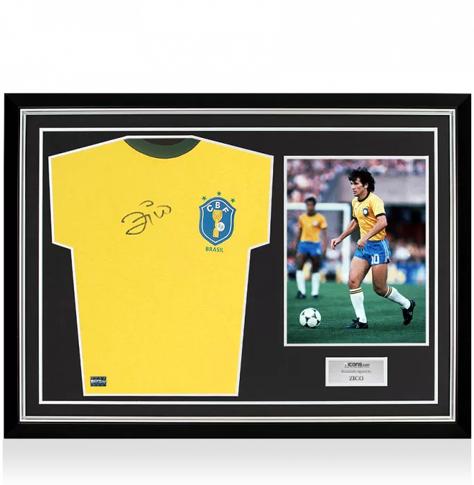 Zico Front Signed Brazil 1982 Home Shirt In Hero Frame: Option 1