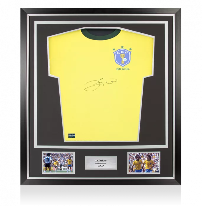 Zico Front Signed Brazil Retro Home Shirt In Classic Frame