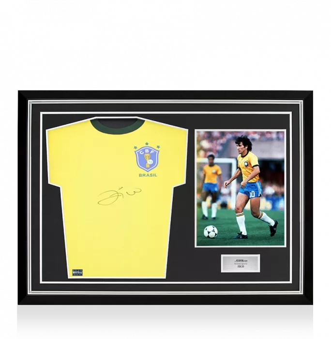 Zico Front Signed Brazil Retro Home Shirt In Hero Frame: Option 1