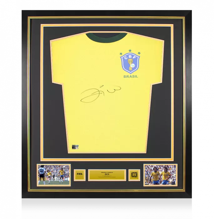 Zico Official 1970 FIFA World Cup™ Front Signed And Framed Brazil Retro Home Shirt