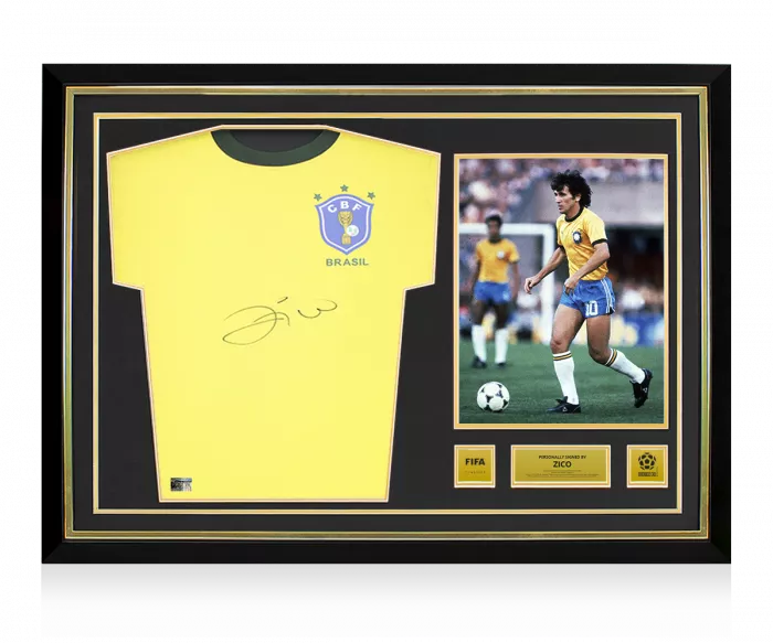 Zico Official 1970 FIFA World Cup™ Front Signed and Hero Framed Brazil Retro Home Shirt