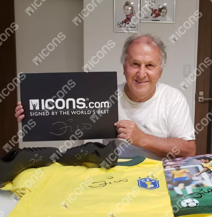 Zico Signed Brazil Photo In Black Wooden Frame: 1982 FIFA World Cup