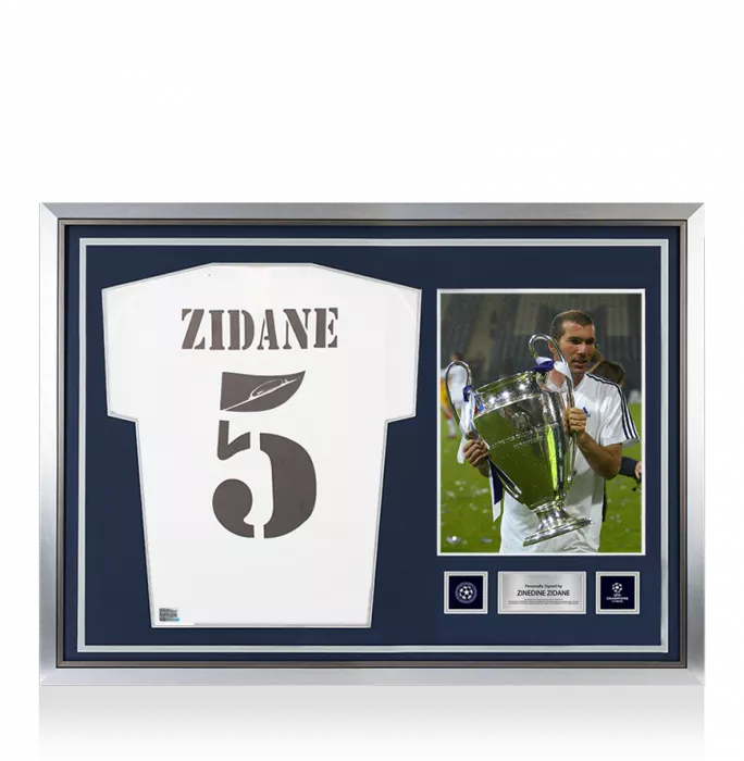 Zinedine Zidane Official UEFA Champions League Back Signed and Hero Framed Real Madrid 2001 Home Shirt