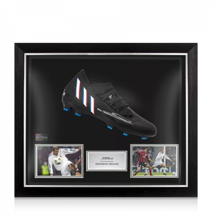Zinedine Zidane Signed Adidas Boot: Black/Blue In Bubble Frame: Option 1