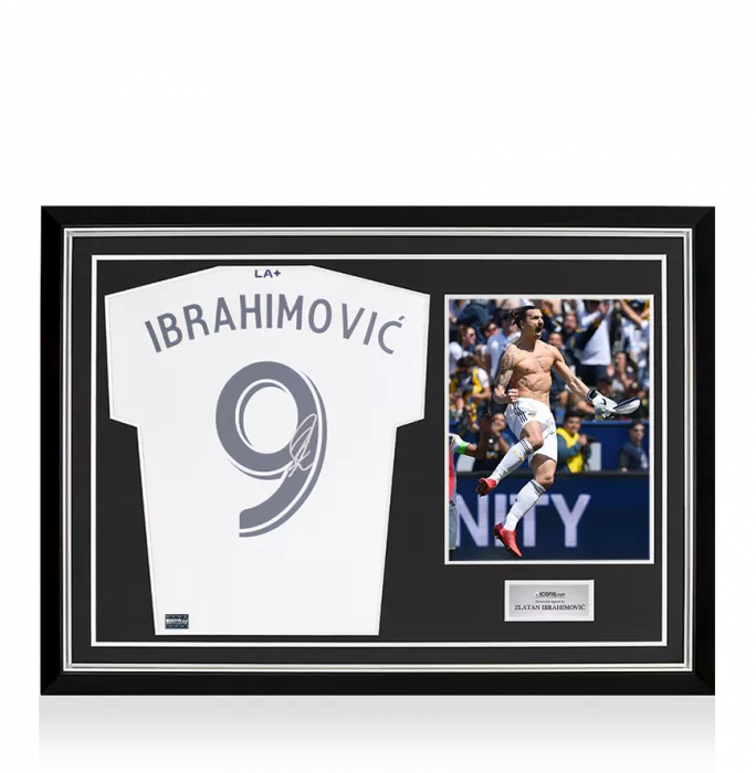 Zlatan Ibrahimovic Back Signed Modern LA Galaxy Home Shirt with Fan Style Numbers In Hero Frame: Option 1
