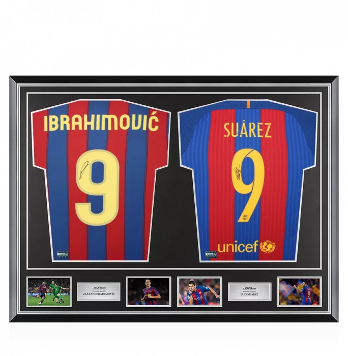 Zlatan Ibrahimovic & Luis Suarez Signed Barcelona Shirts In Classic Dual Frame