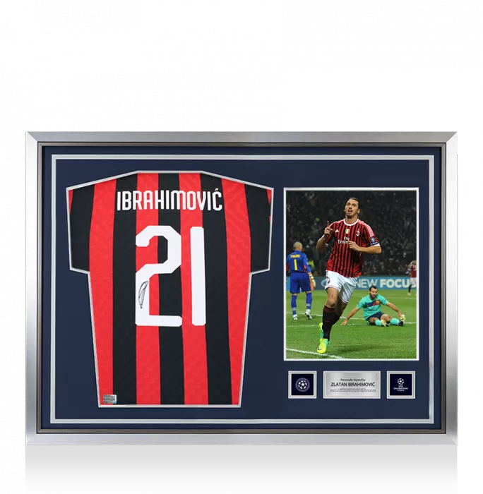 Zlatan Ibrahimovic Official UEFA Champions League Back Signed And Hero Framed AC Milan Retro Home Shirt