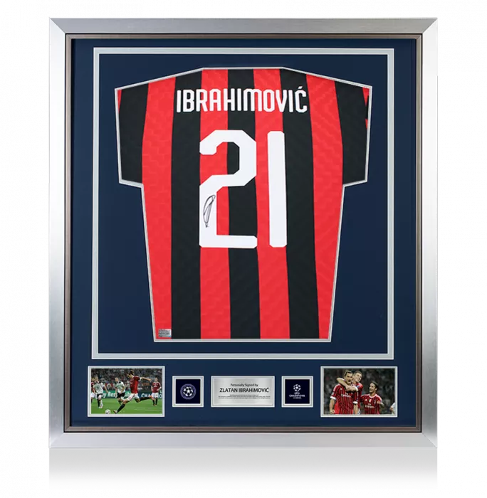 Zlatan Ibrahimovic Official UEFA Champions League Back Signed And Framed AC Milan Retro Home Shirt