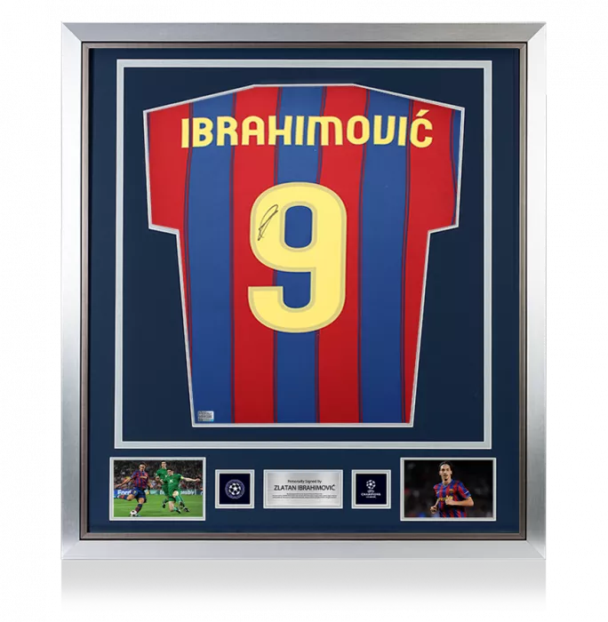 Zlatan Ibrahimovic Official UEFA Champions League Back Signed and Framed FC Barcelona 2009-10 Home Shirt with Fan Style Number
