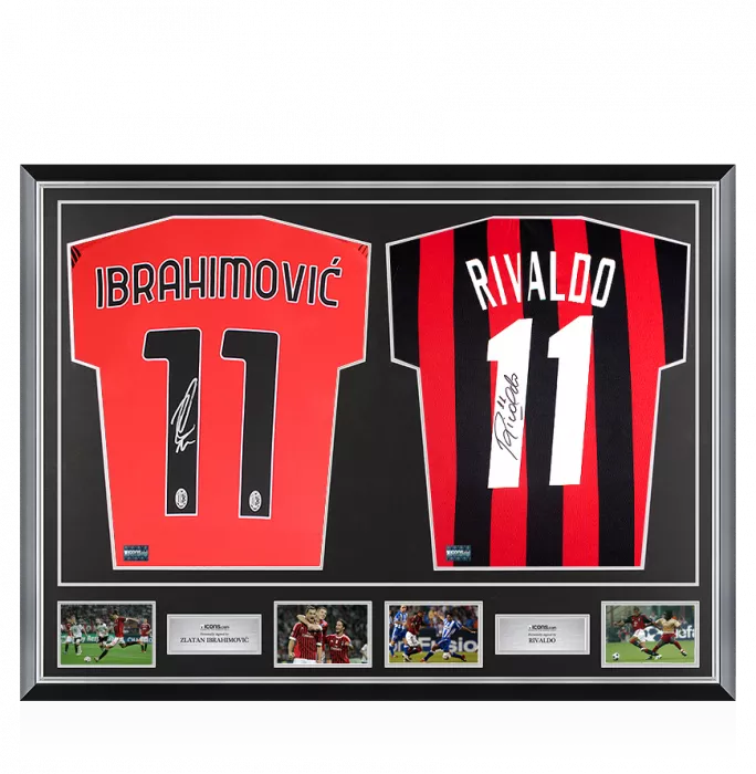 Zlatan Ibrahimovic & Rivaldo Signed AC Milan Home Shirts In Classic Dual Frame
